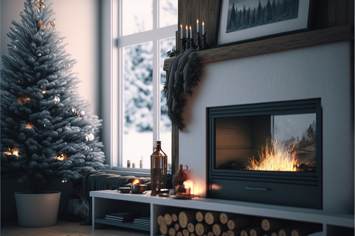 Fireplace in a living room in modern style with Christmas decor